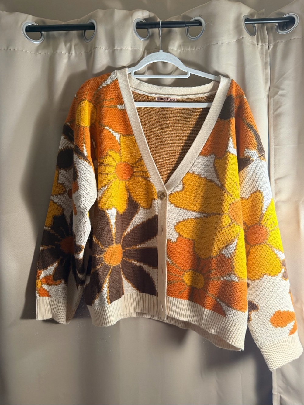Floral V-Neck Button Cardigan Sweater in Orange, Yellow and Cream